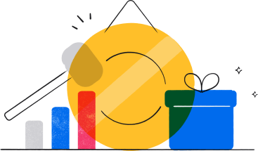 An illustration of a gong being struck by a mallet. In the foreground is a bar chart on the left and a wrapped gift box on the right.