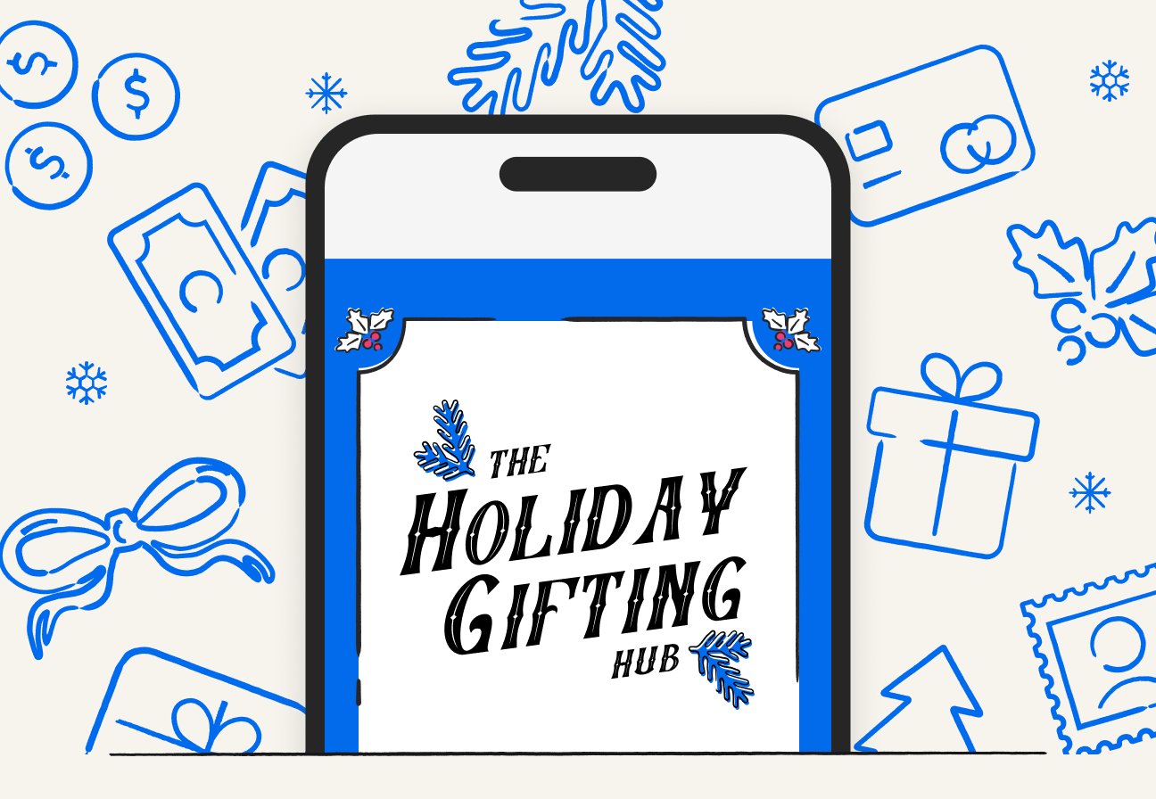 A winter-holiday-themed illustration showing a phone screen. The screen says, "The Holiday Gifting Hub."