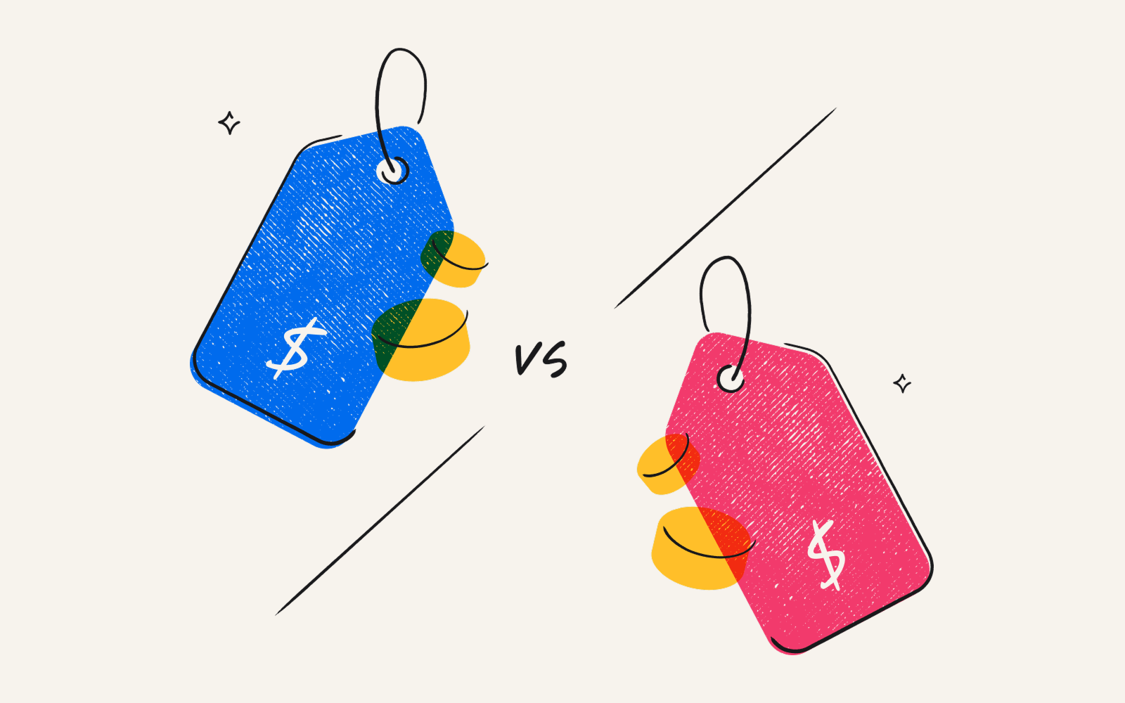 An illustration of two different-colored price tags with a vs. sign between them.
