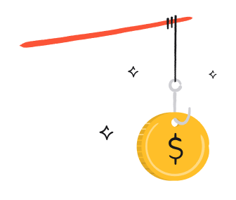 An illustration of a fishing pole with a coin caught on the hook.