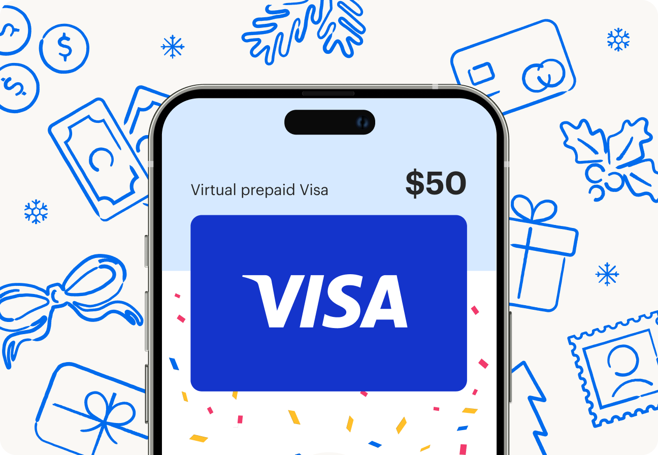 An illustration of a smartphone showing a virtual Visa card being sent as a holiday gift.