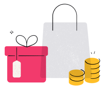 An illustration of a gift box and a shopping bag with two stacks of coins in front of them.