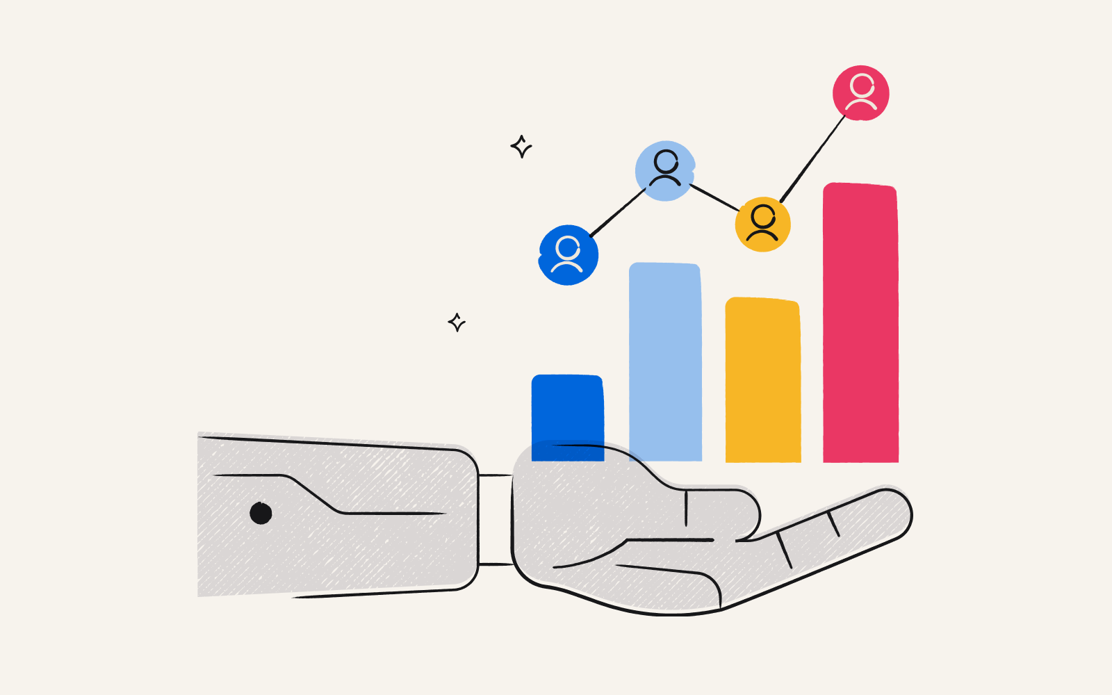 Illustration of a robot hand holding a graph representing synthetic research data