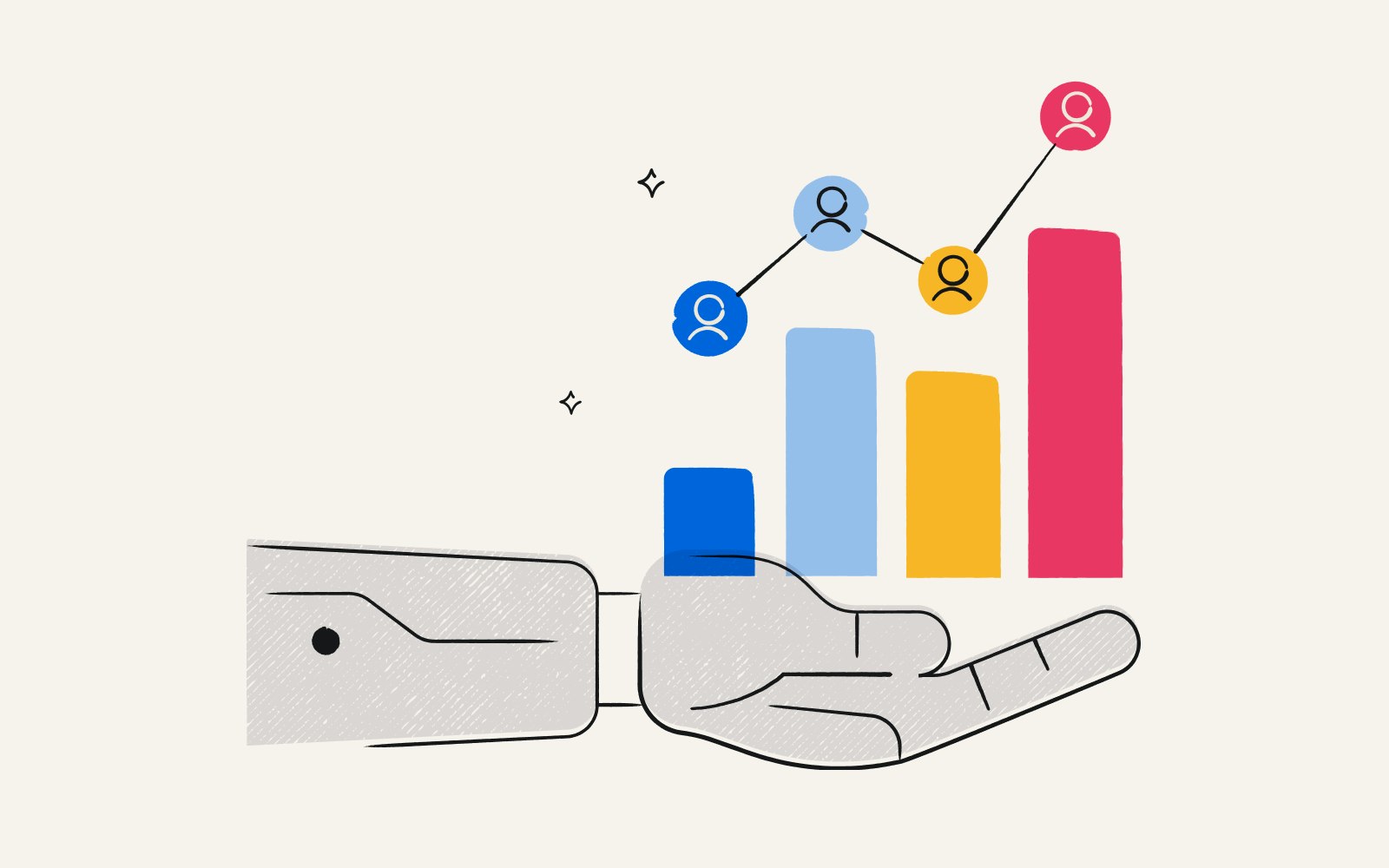 Illustration of a robot hand holding a graph representing synthetic research data