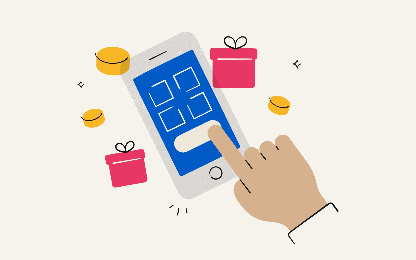 Illustration of a hand tapping a smartphone screen surrounded by coins and gift boxes