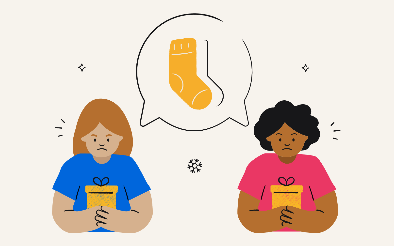 An illustration showing two employees holding gift boxes and looking angry. A speech bubble above both their heads shows socks.
