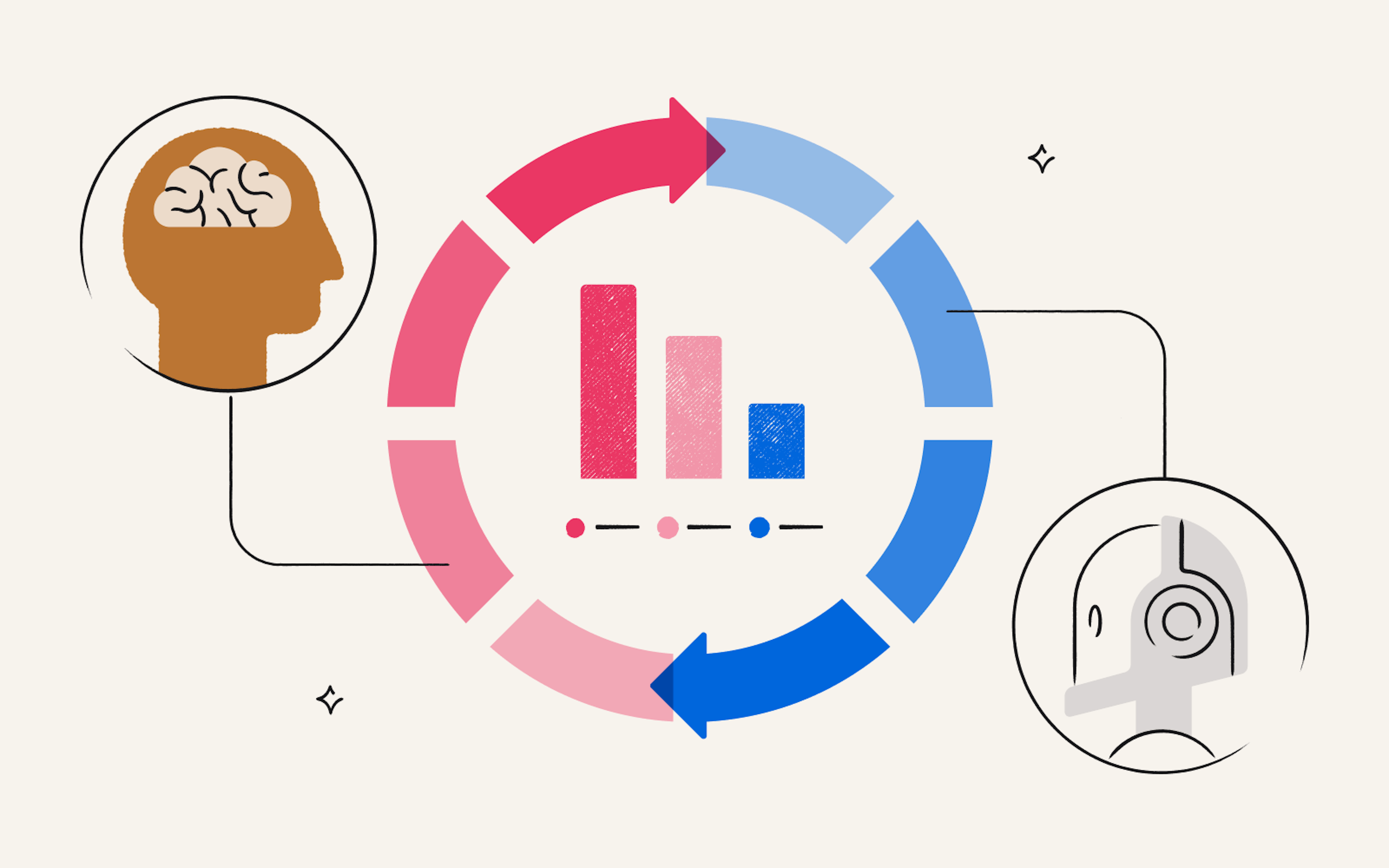 Illustration of a person and a robot facing each other with a bar chart in the middle