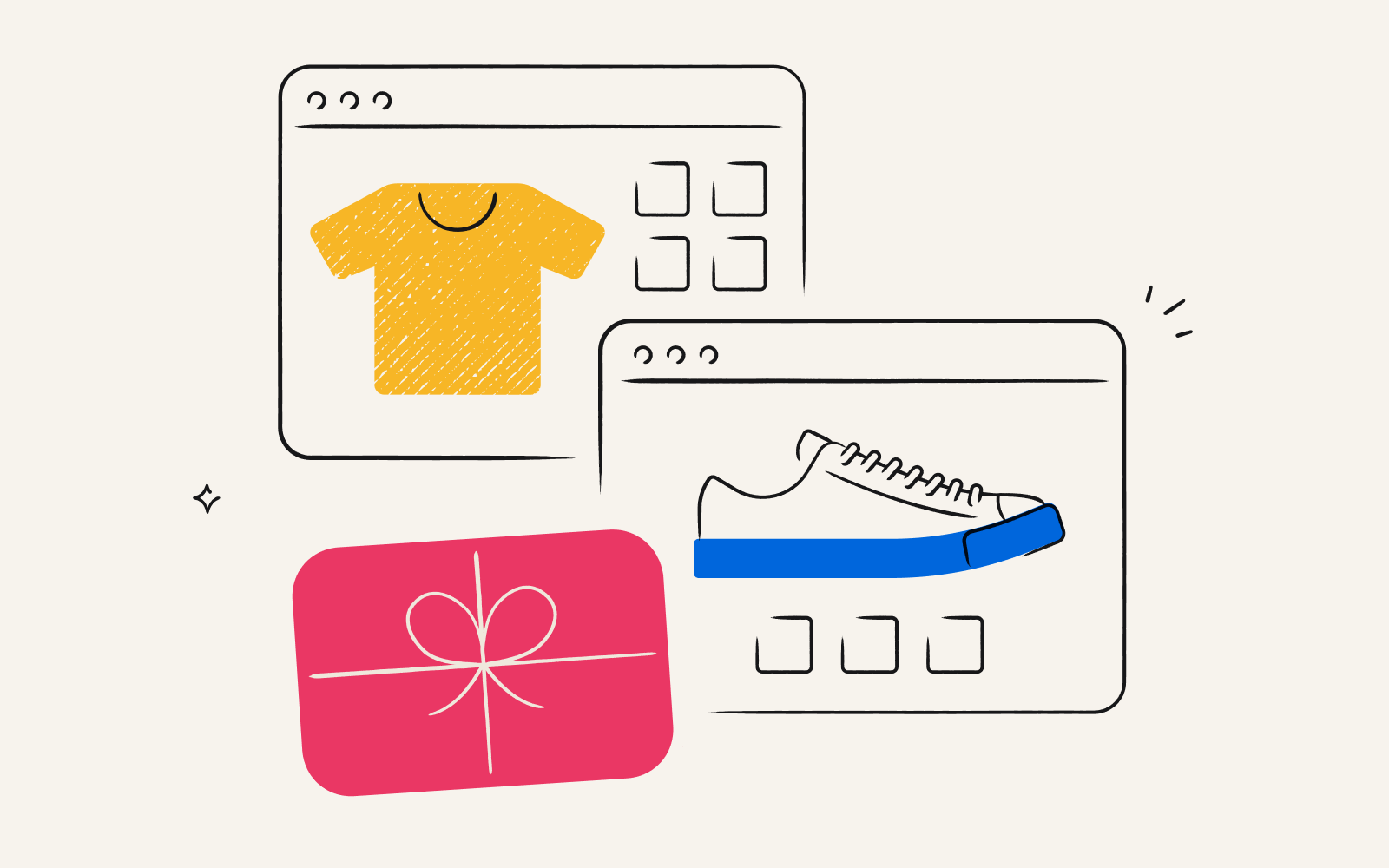 An illustration of a gift card purchasing a t-shirt in one browser window and a pair of shoes in another.