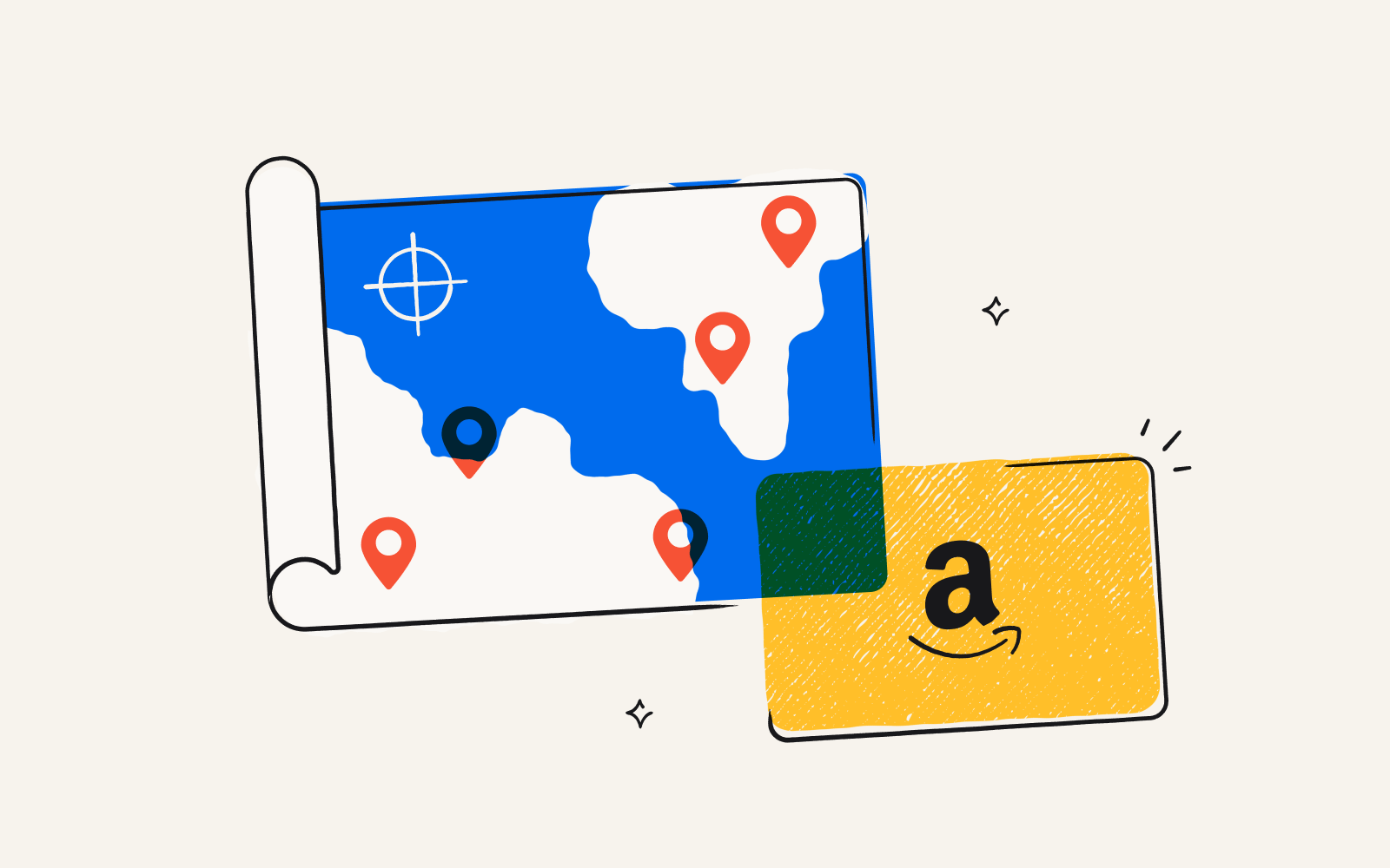 An illustration showing a map with multiple place marketers, as well as an Amazon gift card.