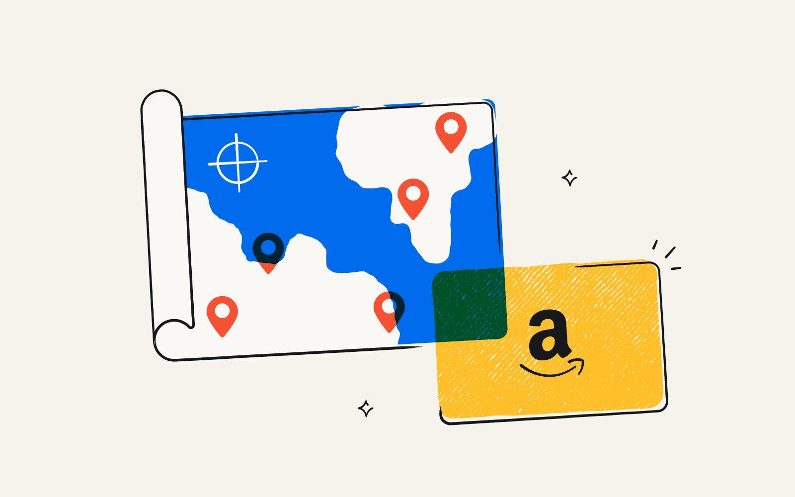 An illustration showing a map with multiple place marketers, as well as an Amazon gift card.