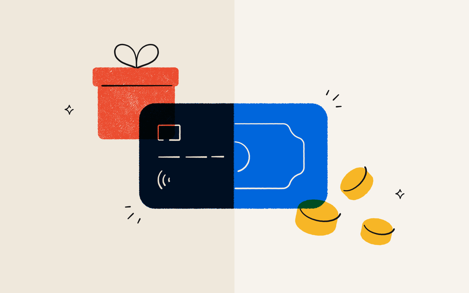 An illustration split down the middle between a gift card on one side and cash on the other.