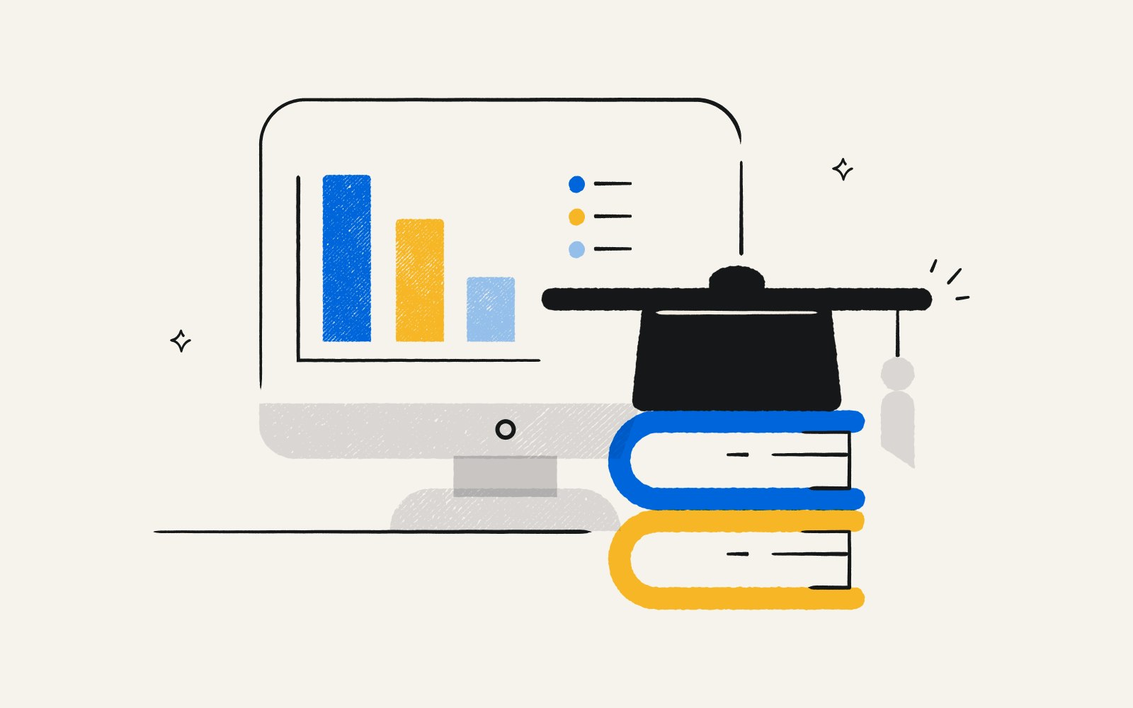 Illustration of a computer screen with graphs and a stack of books with a graduation cap on top