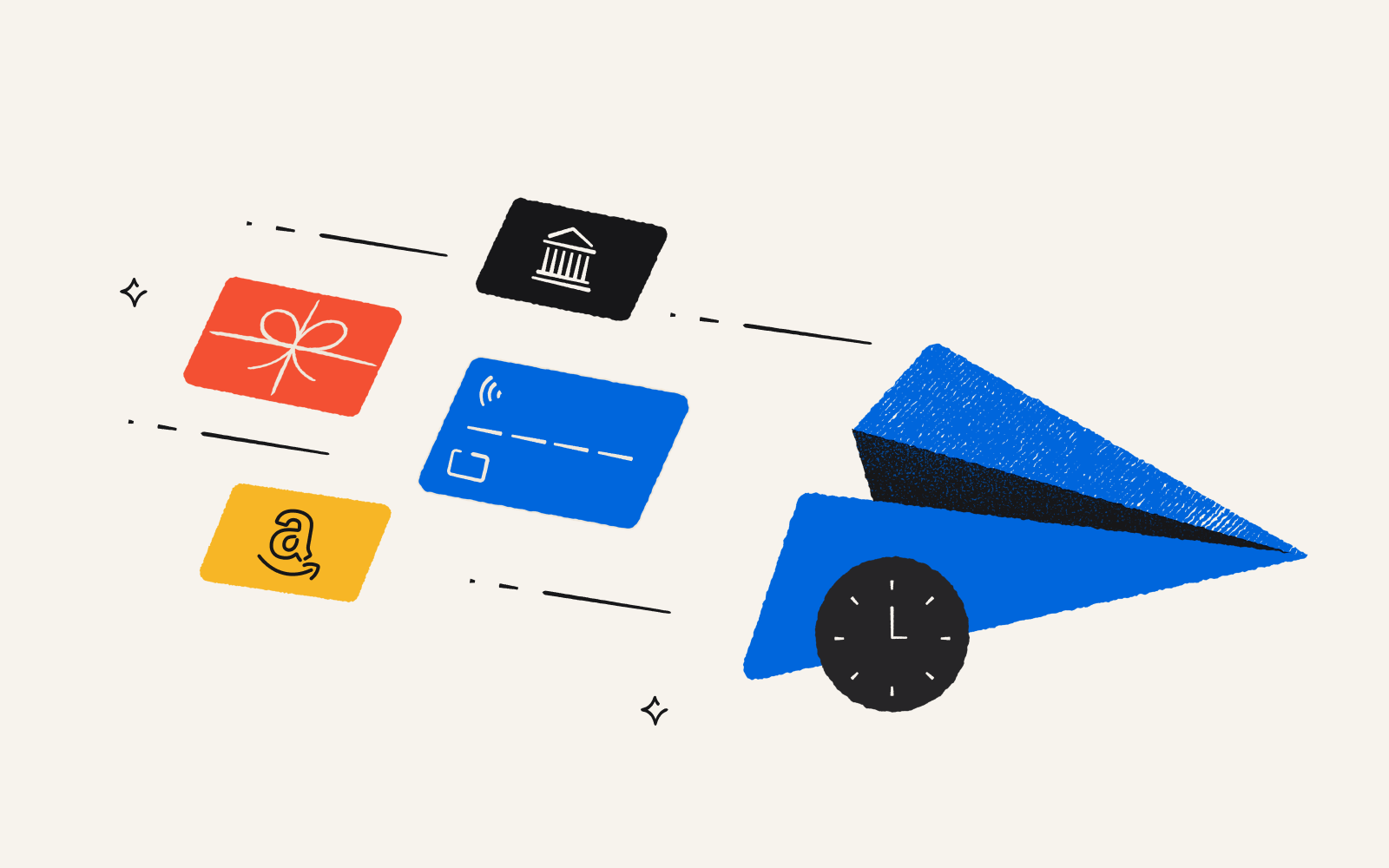 An illustration of a paper airplane followed by several gift cards on their way to be delivered.