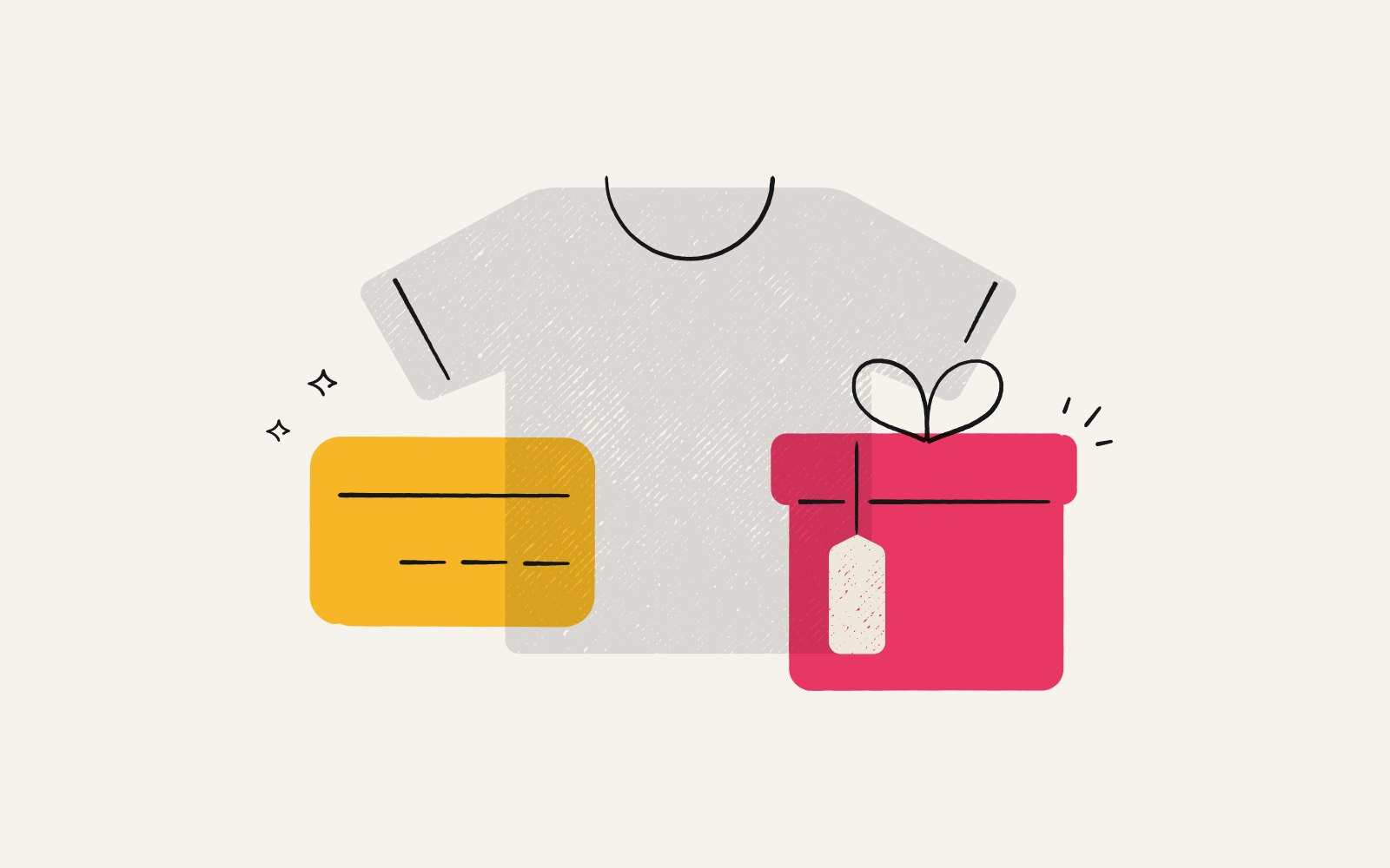 An illustration of a gift box, gift card, and t-shirt.