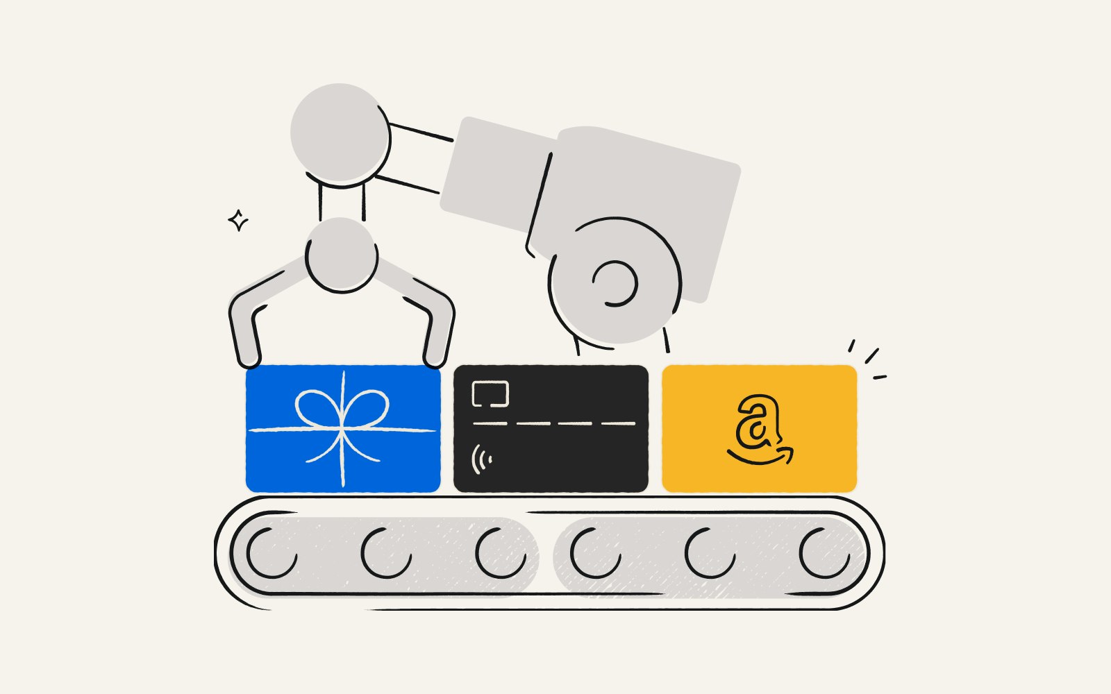 An illustration of a mechanical arm sending out gift cards on a conveyor belt.