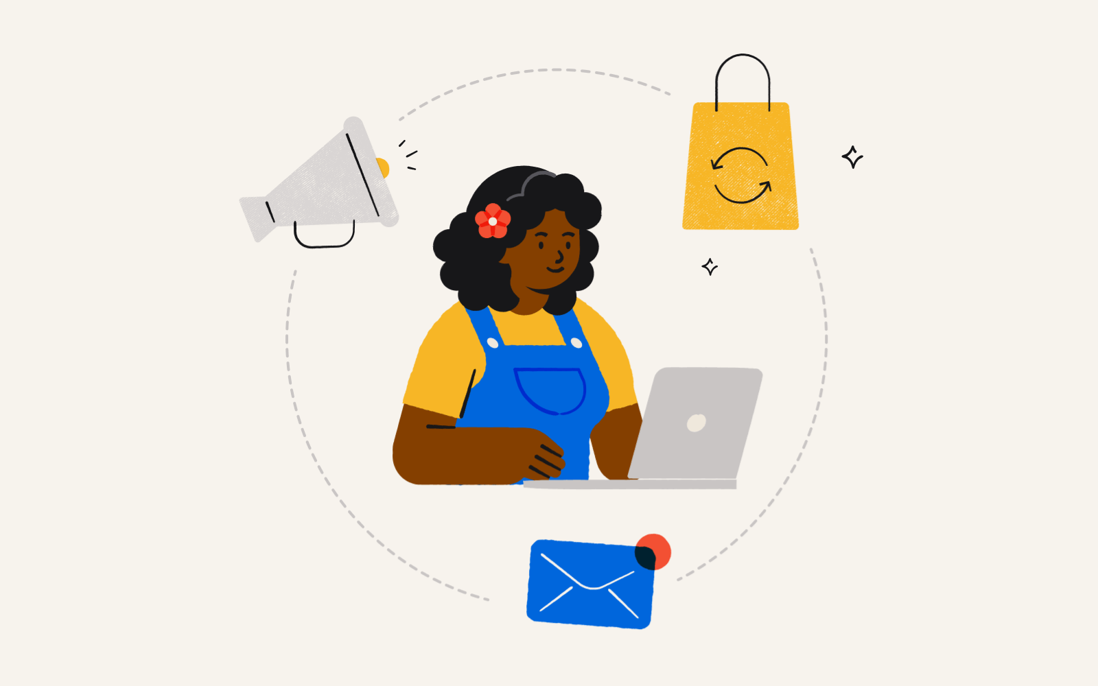 Illustration of a woman at a laptop surrounded by a megaphone, shopping bag, and email to indicate engagement marketing