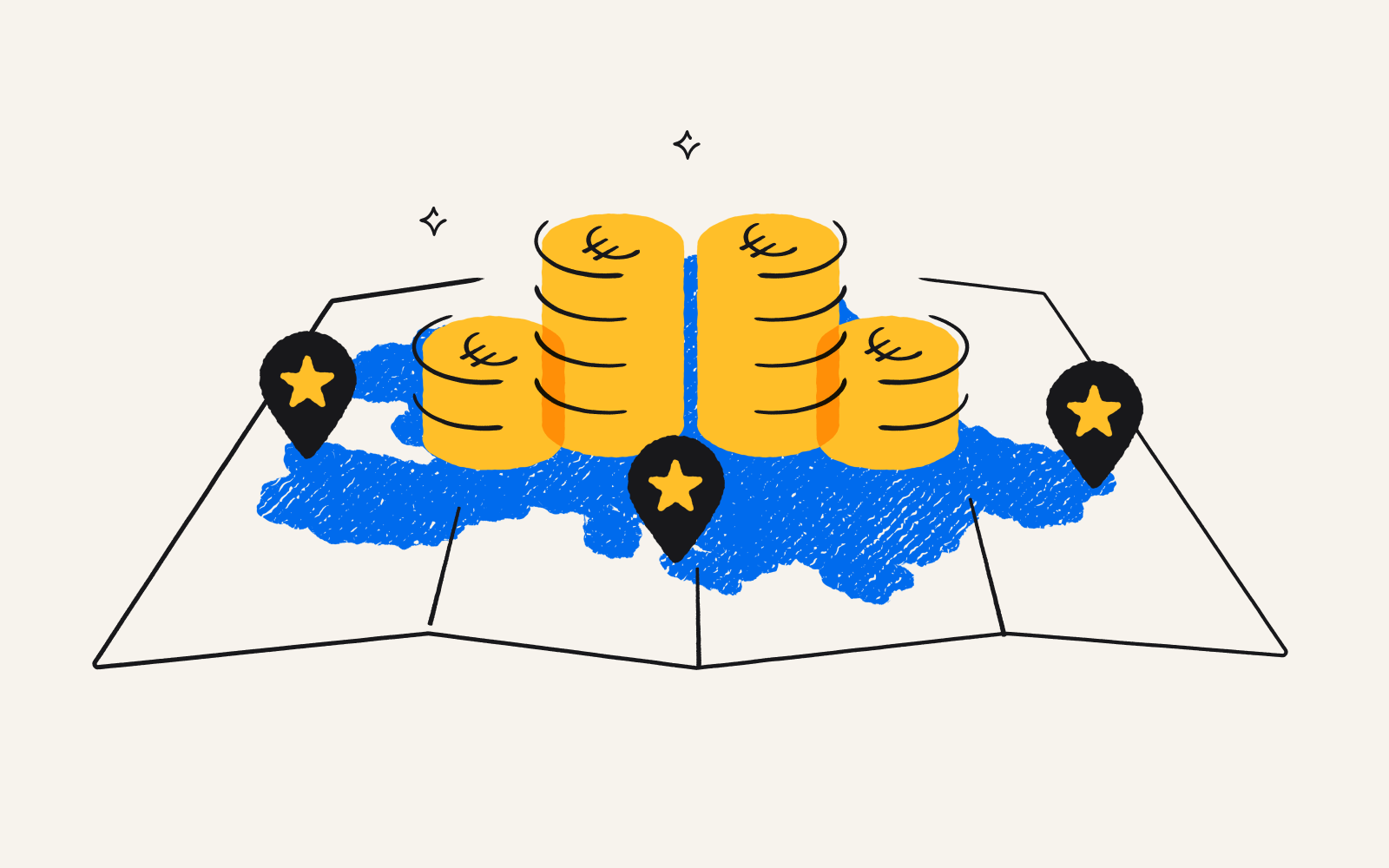 An illustration of a map piled with stacks of Euro coins.