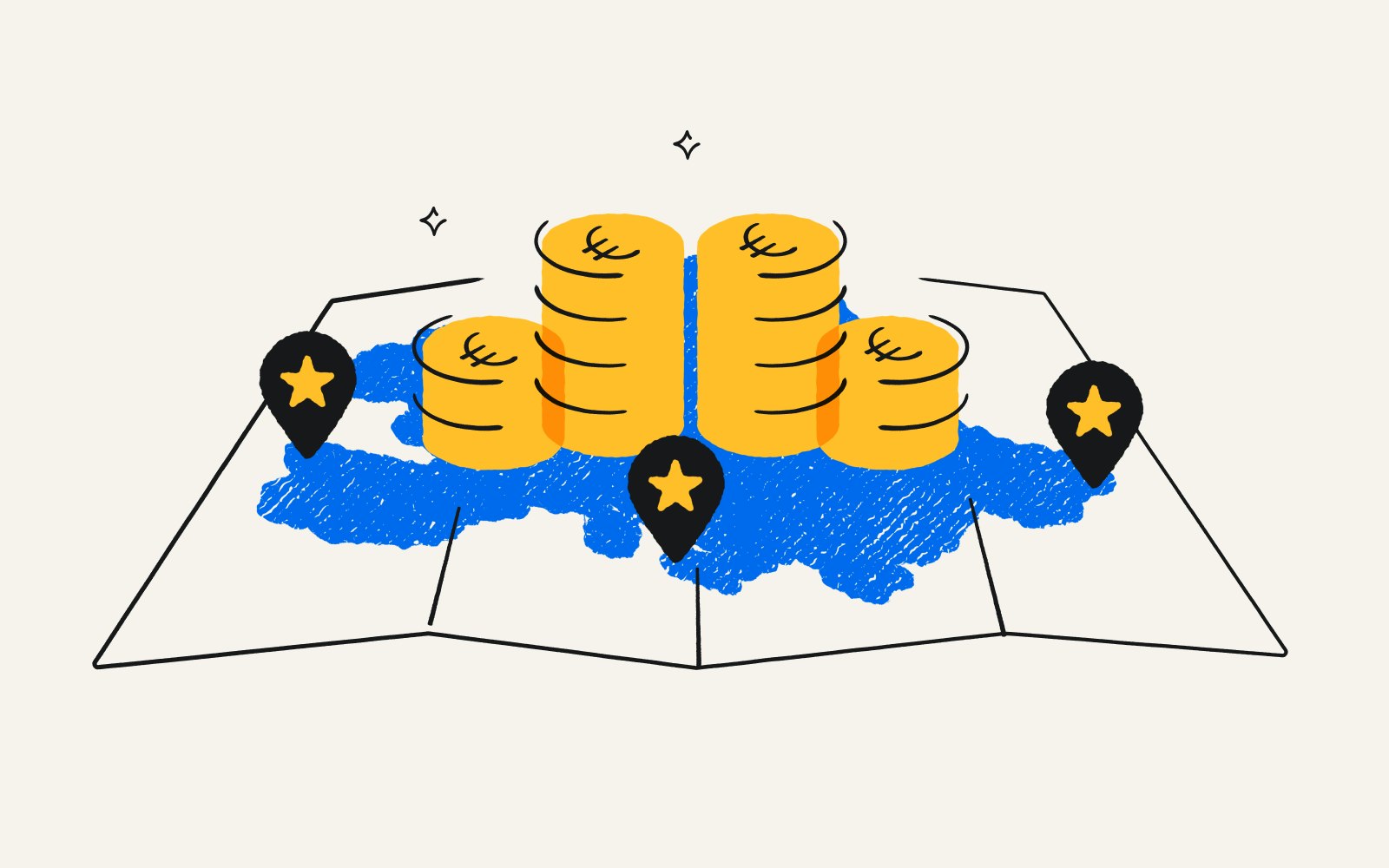 An illustration of a map piled with stacks of Euro coins.