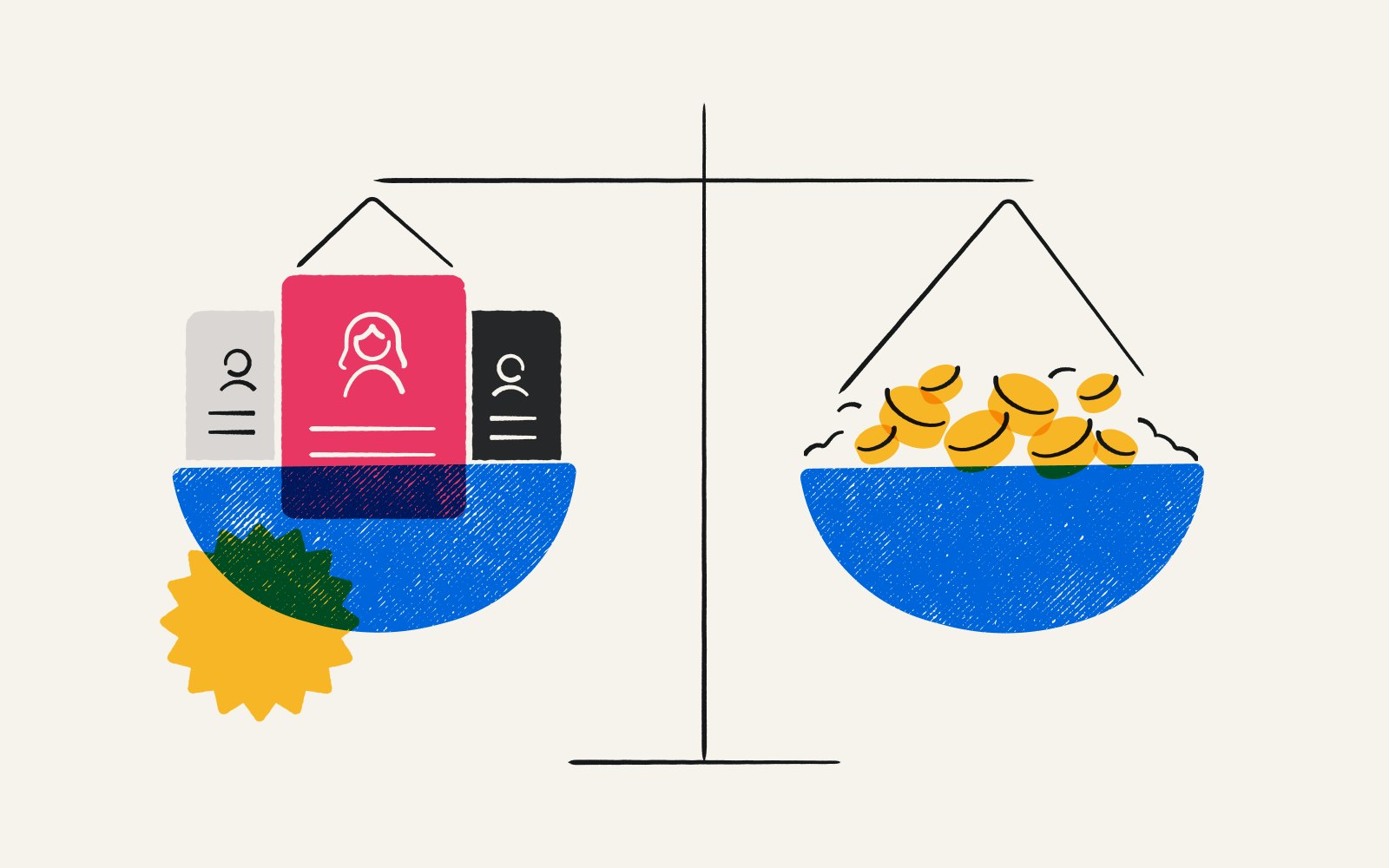 Illustration of two scales, one side filled with participant cards and one side filled with coins