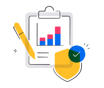 Illustration of a clipboard with data on it and a shield with a checkmark to illlustrate research fraud prevention