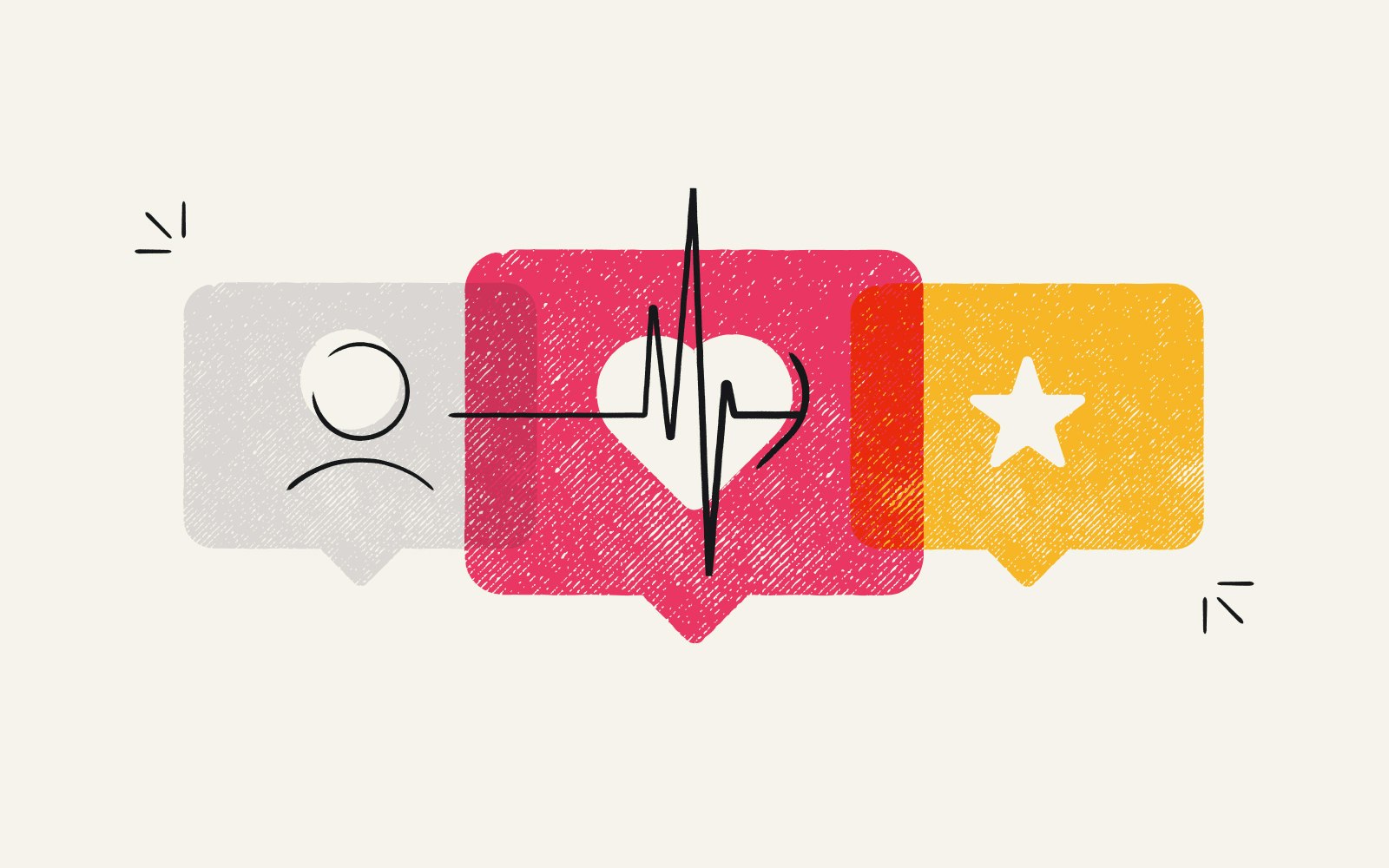 Illustration of three cards with a heartbeat in the center to show patient engagement with brands
