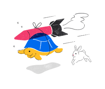 Illustration of a turtle with a rocket on its shell outrunning a rabbit