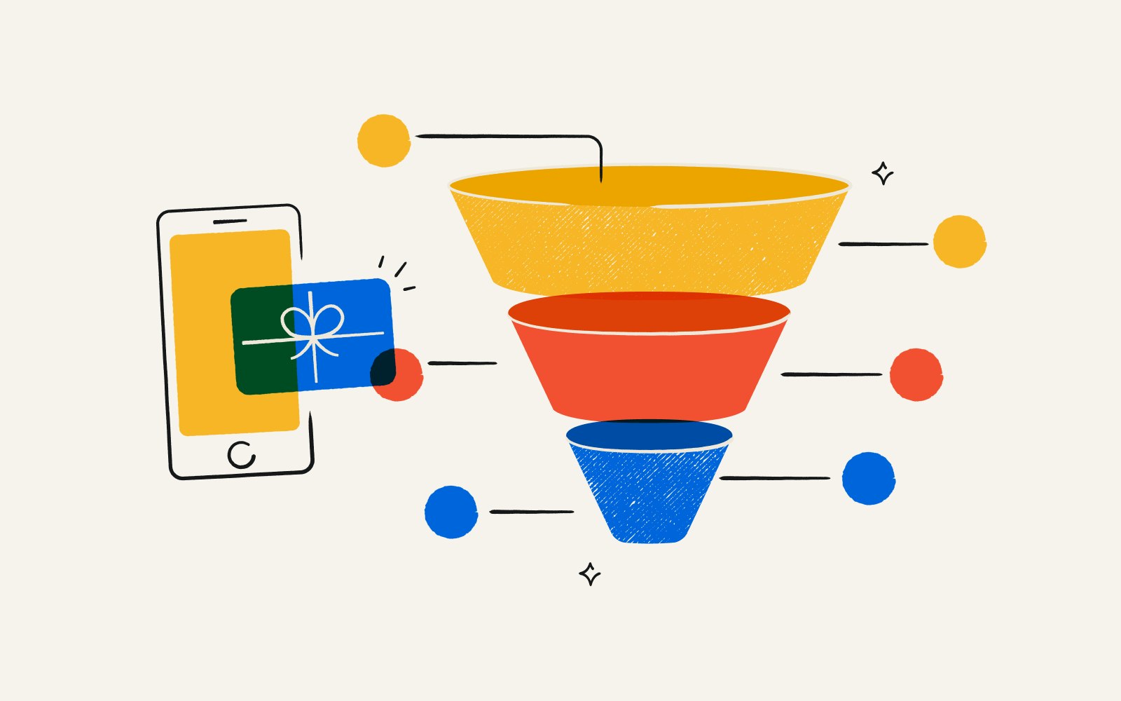 An illustration of a digital gift card paired with a marketing funnel.