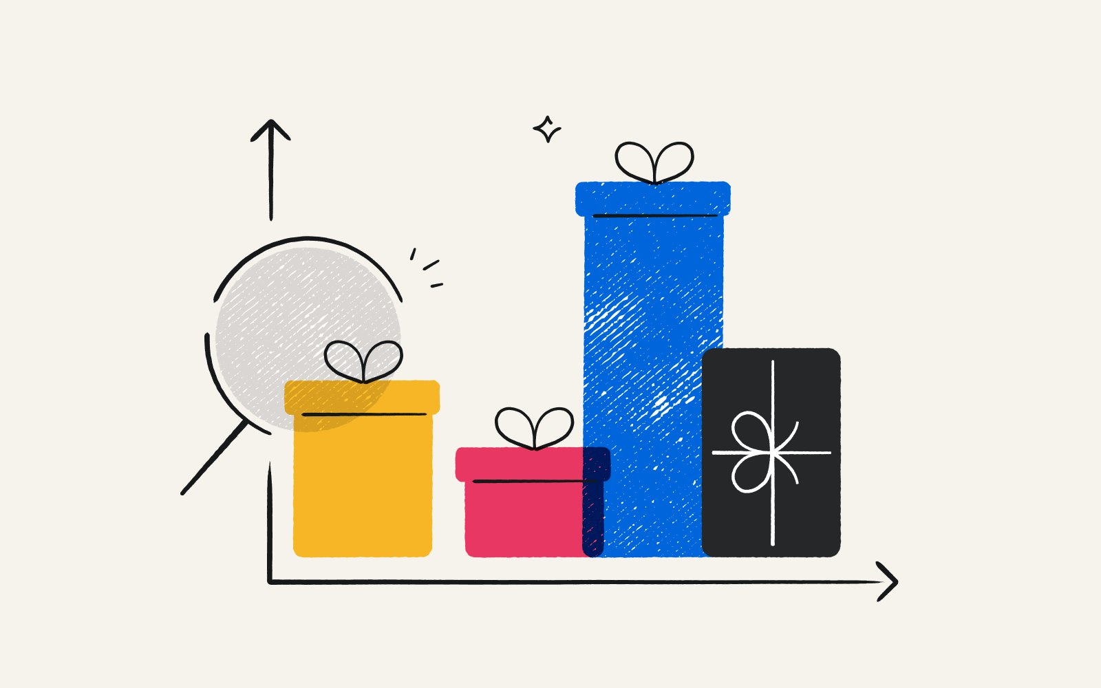Illustration of multicolored gift boxes and a magnifying glass indicating employee gifting