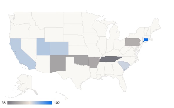 Map of the US showing the states with the largest vs. smallest employee holiday gift amounts