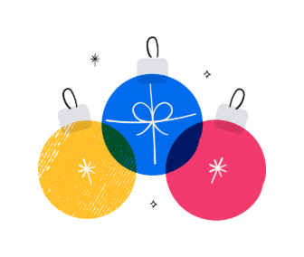 Illustration of three round holiday ornaments with bows on them
