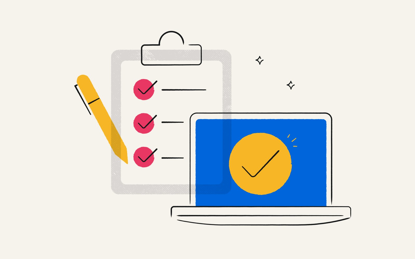 illustration of a laptop computer and a clipboard with a checklist
