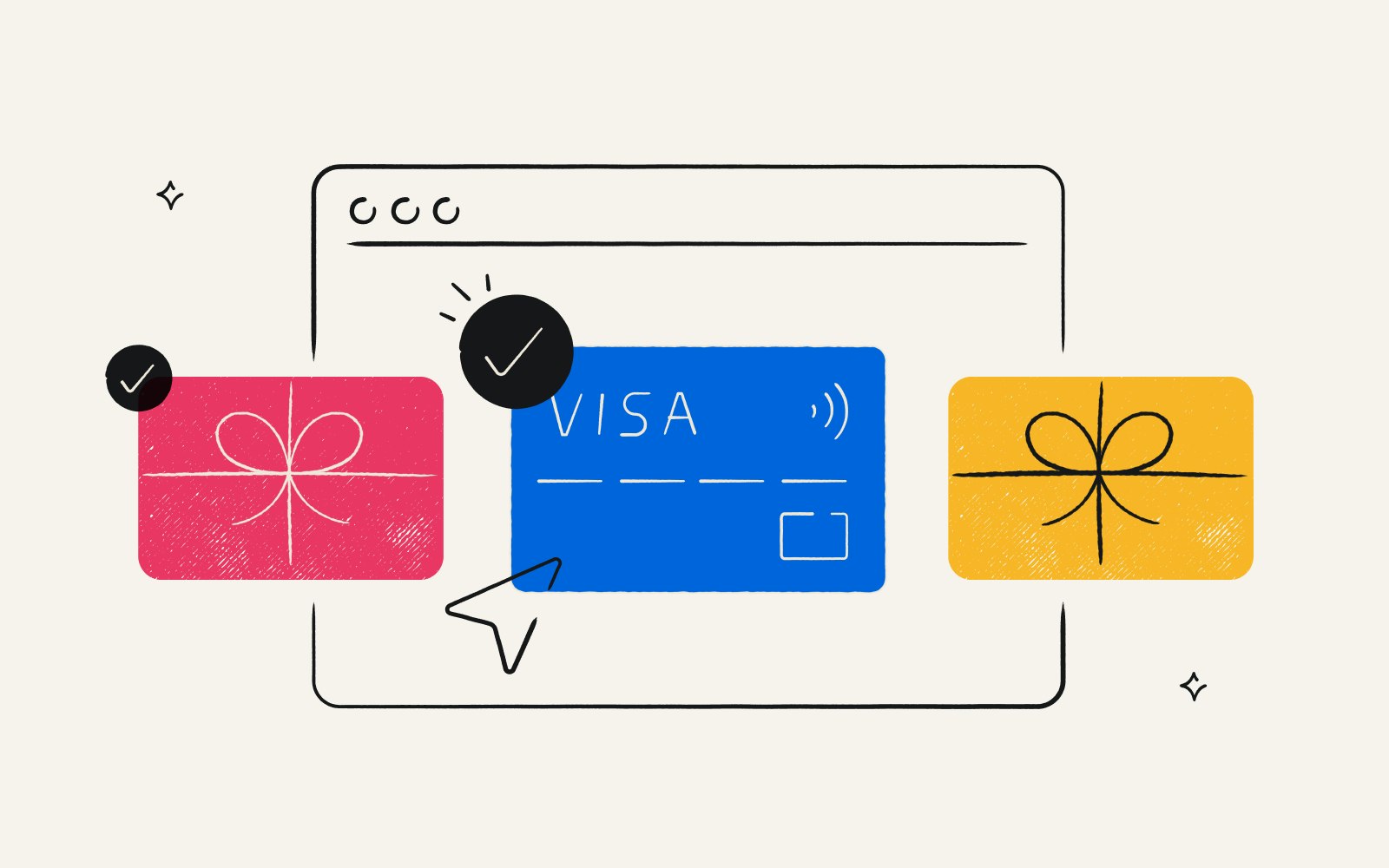 Illustration of three gift cards overlaying a computer screen
