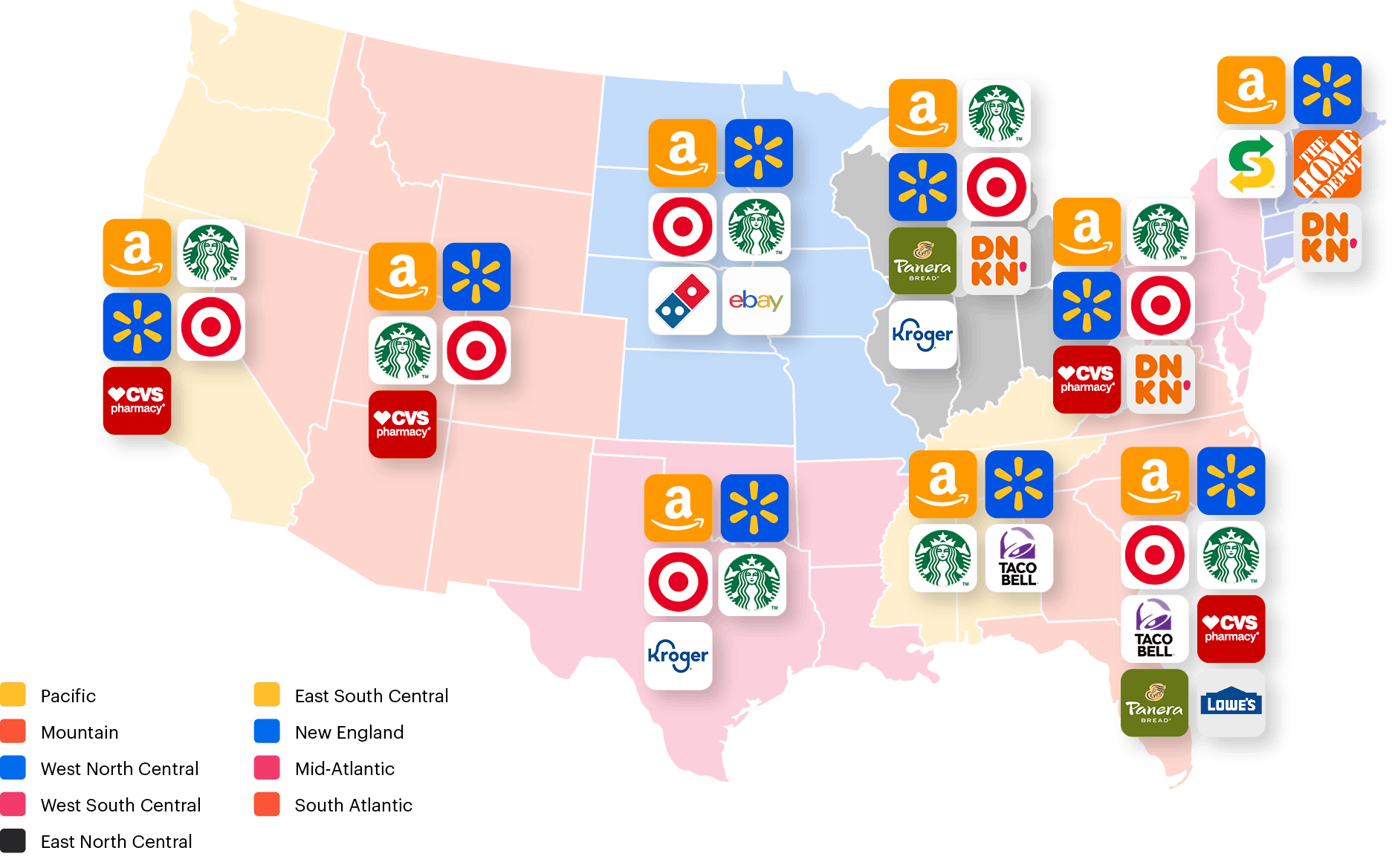 US map showing top gift cards (Amazon, Walmart, Target, Starbucks) by region