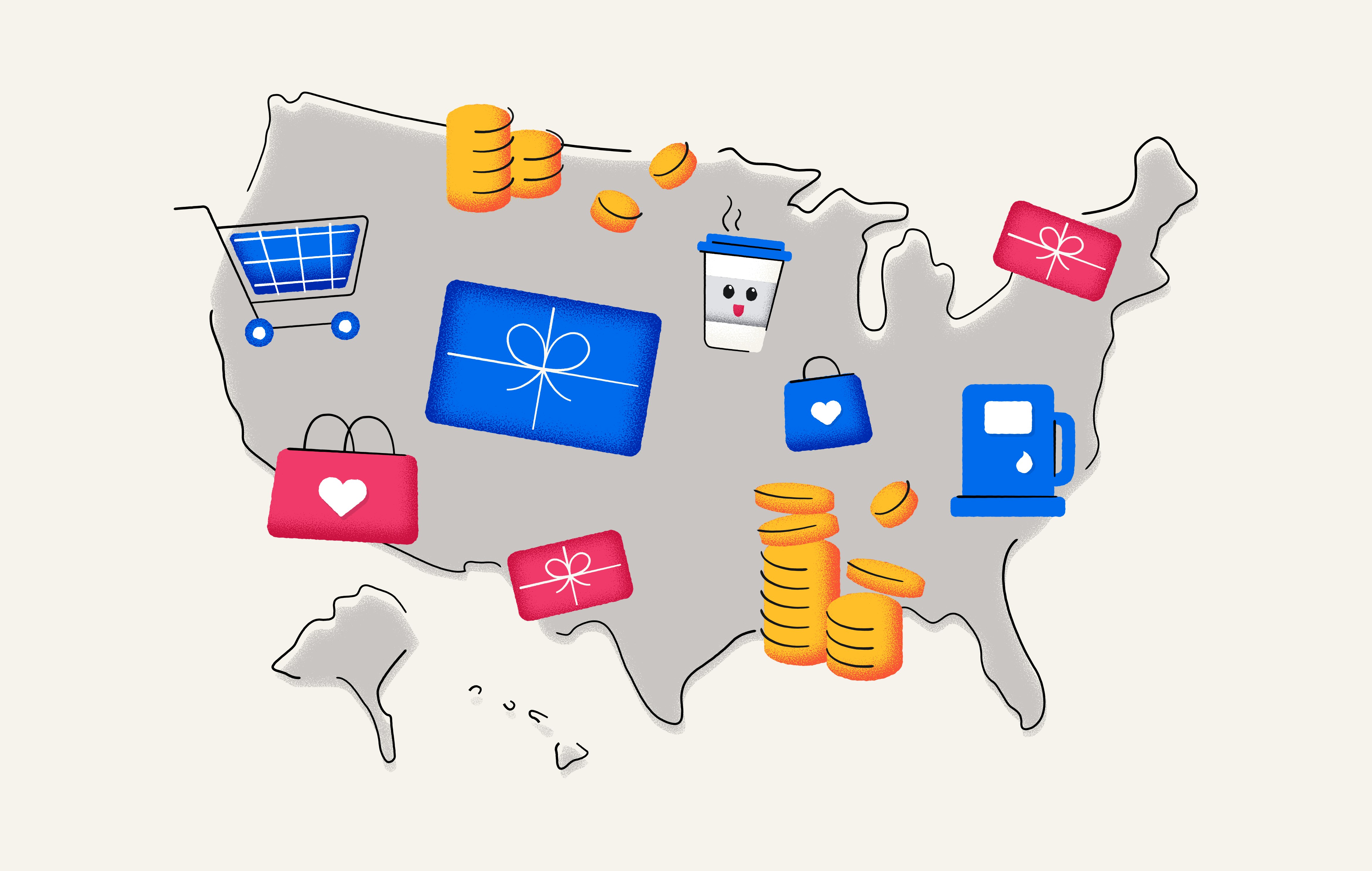Illustration of the United States overlaid with different gift card and shopping icons