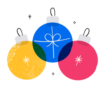 Illustration of 3 holiday ornaments, one yellow, one blue, and one red