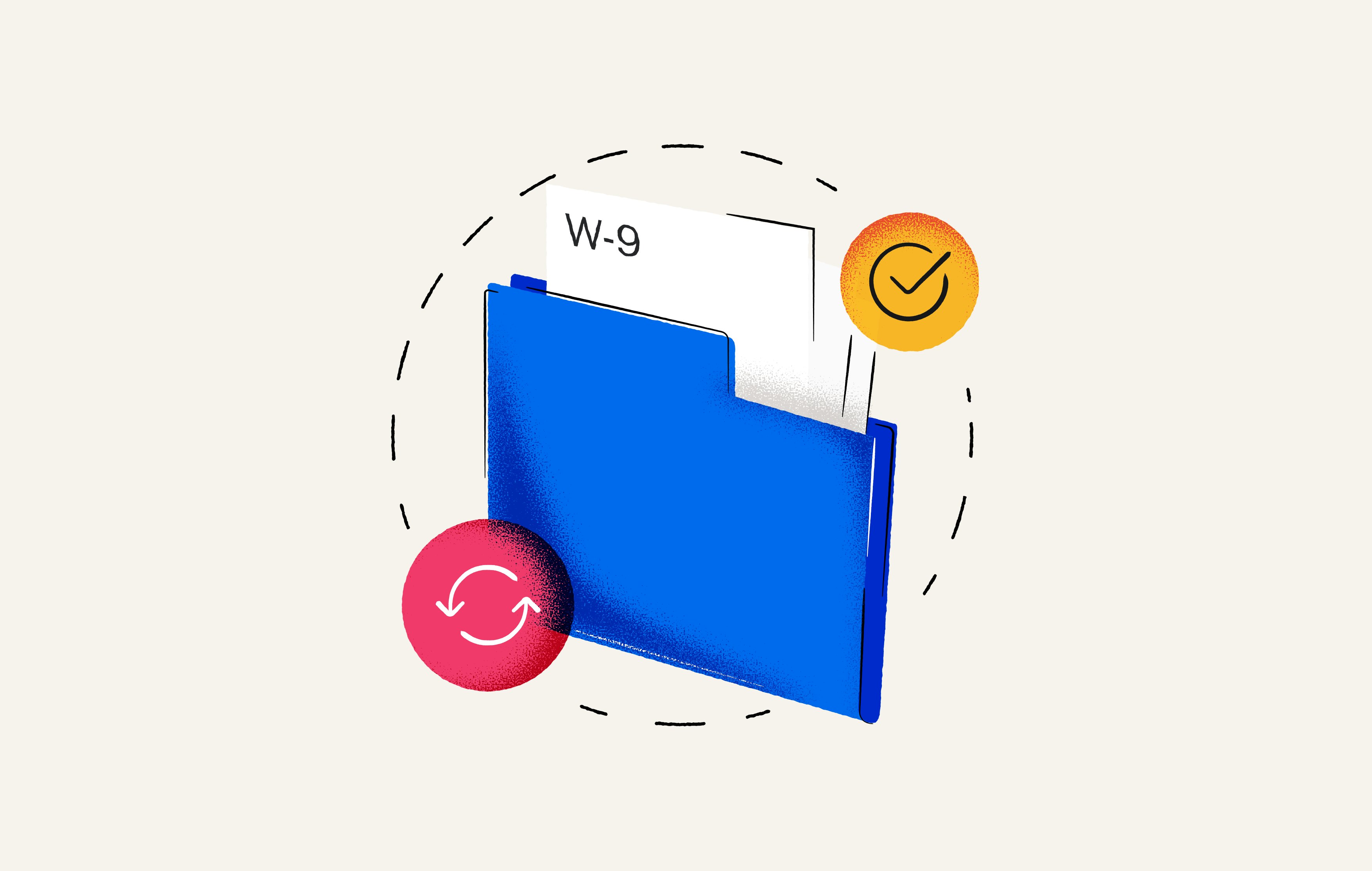 Illustration of a blue file folder with a W-9 form inside of it