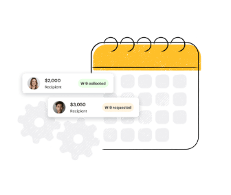 Illustrated calendar with two tiles overlaid with W-9 filing status information