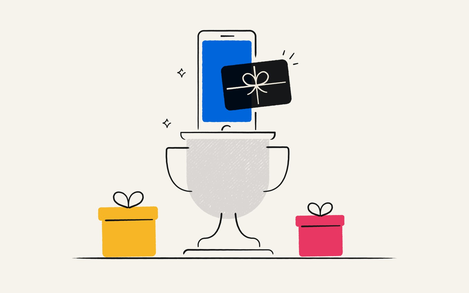 An illustration showing a trophy with a phone showing a digital gift card inside.
