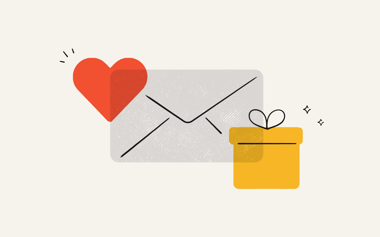 Illustration of a heart, envelope, and yellow gift box for customer appeasements