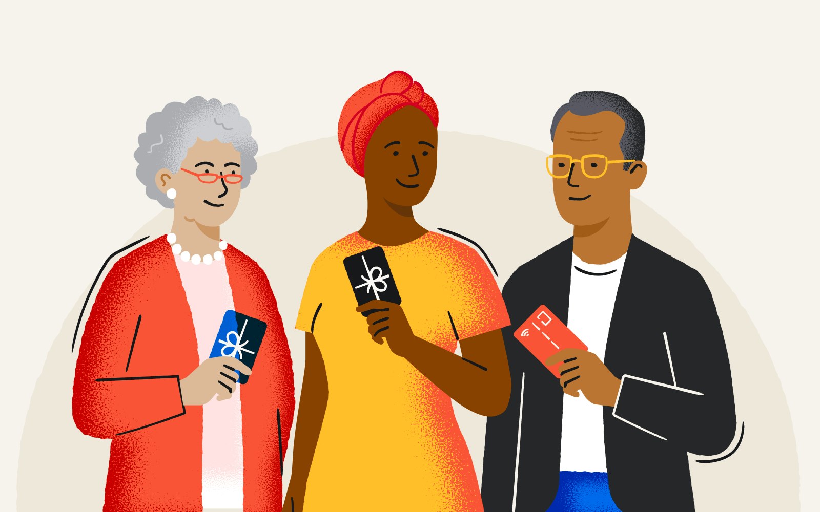 illustration of people in different age groups holding gift cards