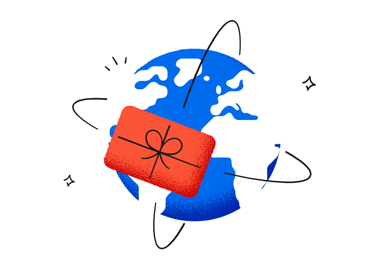 Illustration of a blue globe with a red gift card overlaid on top