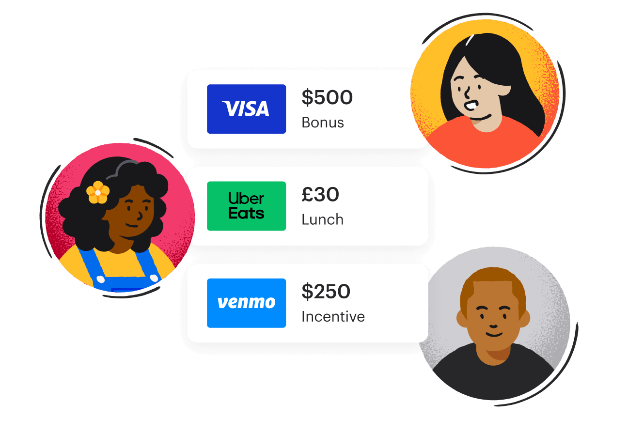 Illustration with two women and one man, each receiving a reward (Visa, Uber Eats, and Venmo)