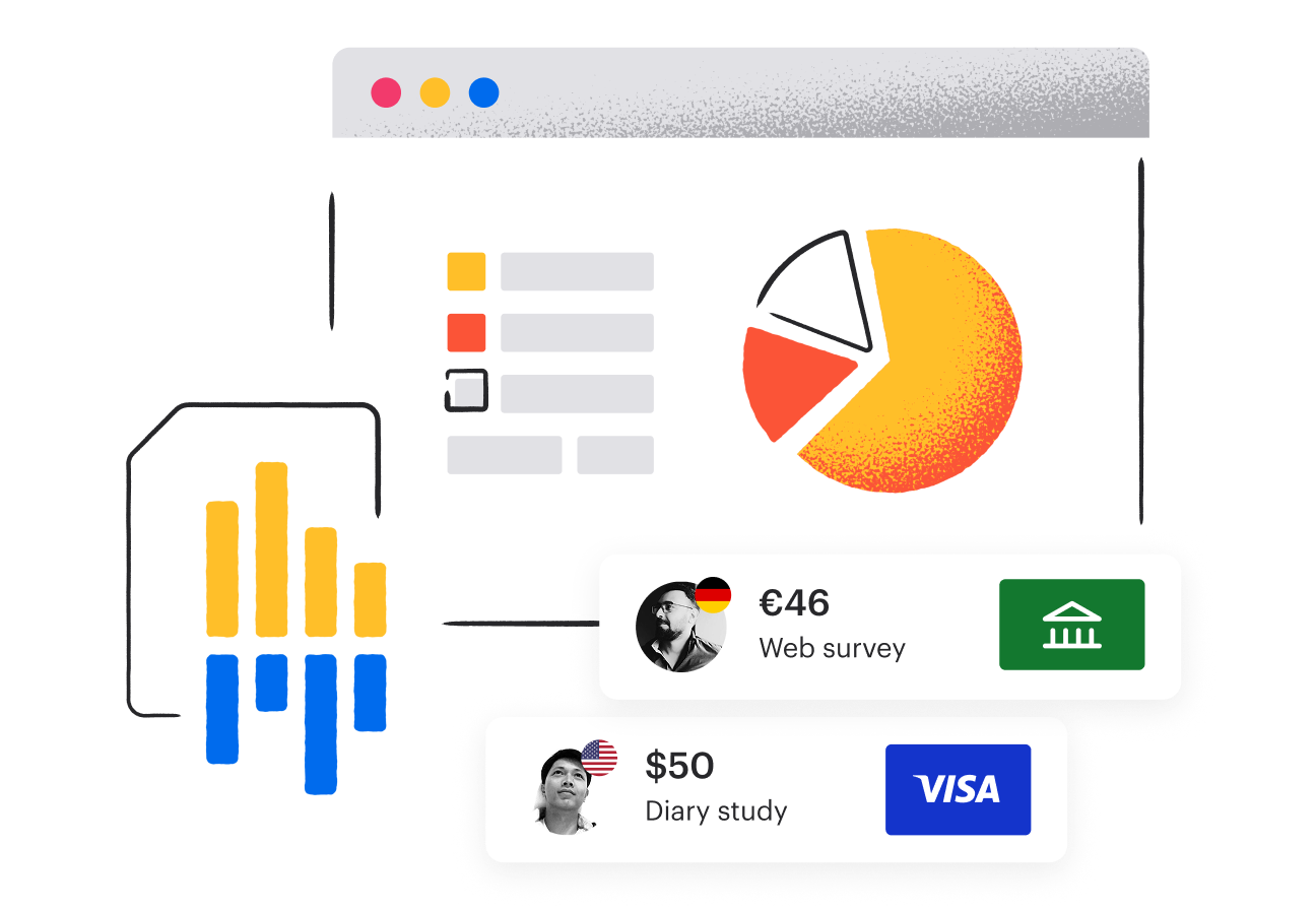 lllustration of a bar and pie chart overlaid with two reward tiles (green ACH and blue Visa)