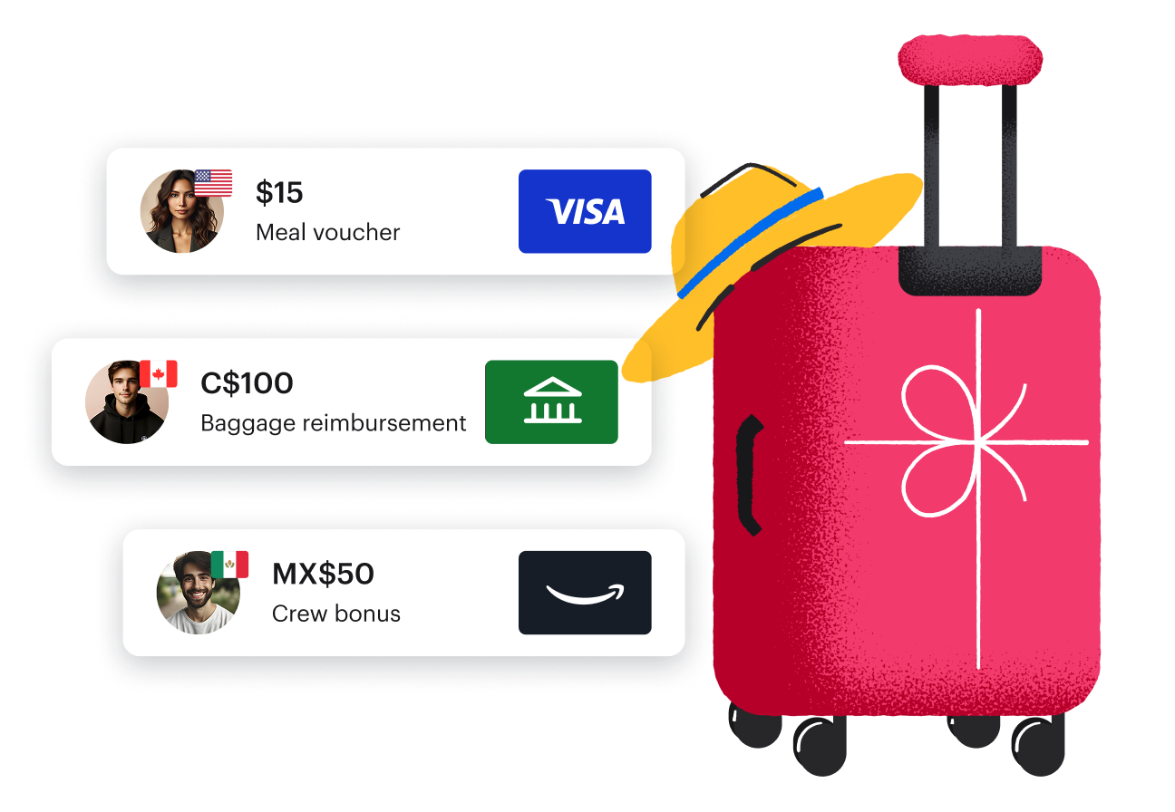 Illustration of a pink roller suitcase with a bow and three reward cards (blue Visa, green ACH, black Amazon)