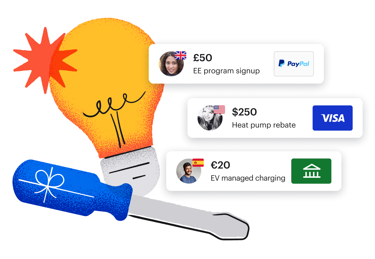 Illustration of a lightbulb overlaid by 3 reward tiles (PayPal, Visa, ACH)