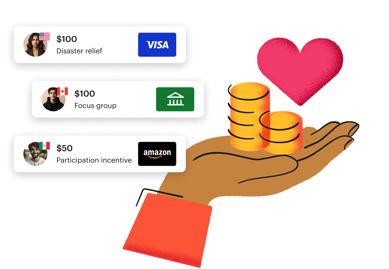 Illustration of an open hand holding coins and a heart, alongside three reward tiles (Visa, Bank Transfer, Amazon)