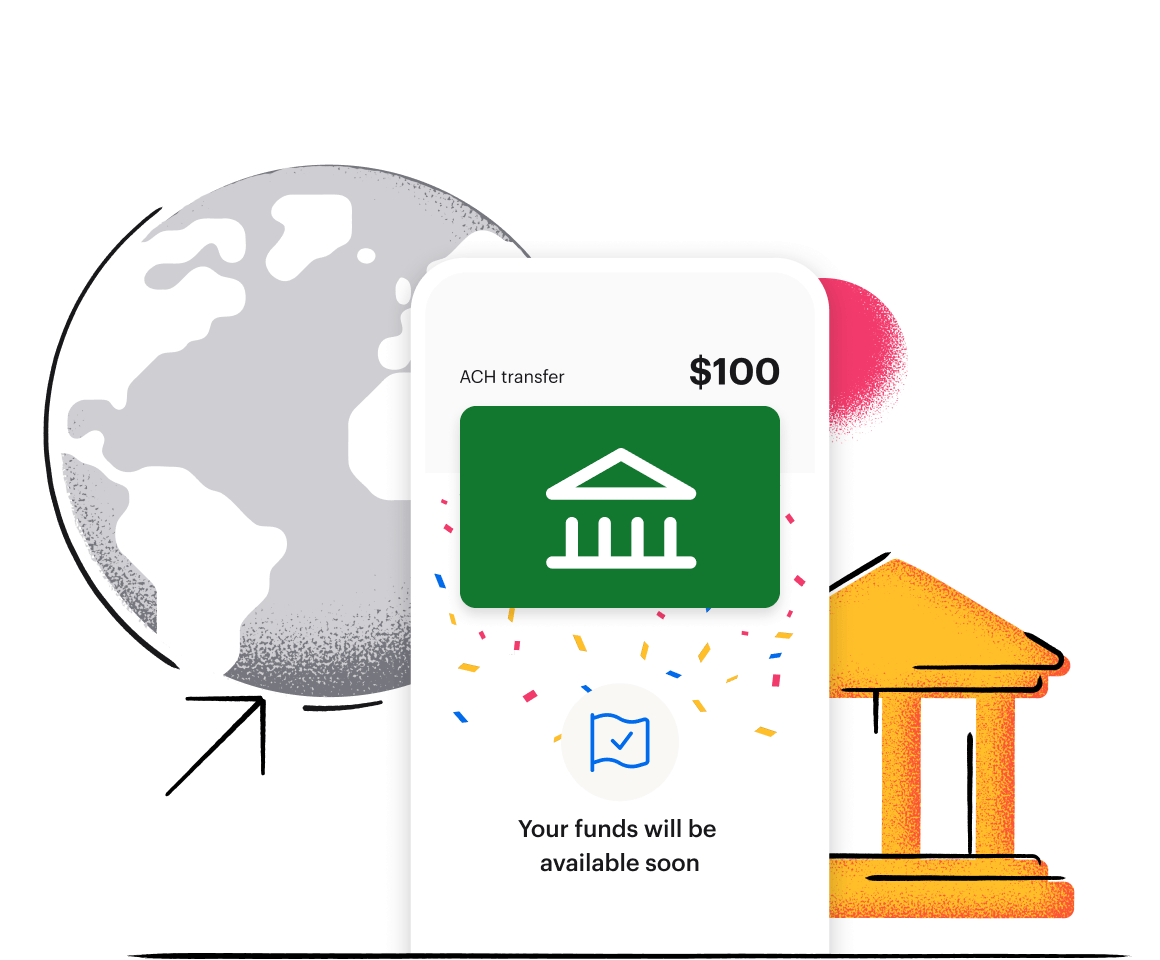 Phone screen with a green ACH transaction confirmation with a grey globe and bank behind it
