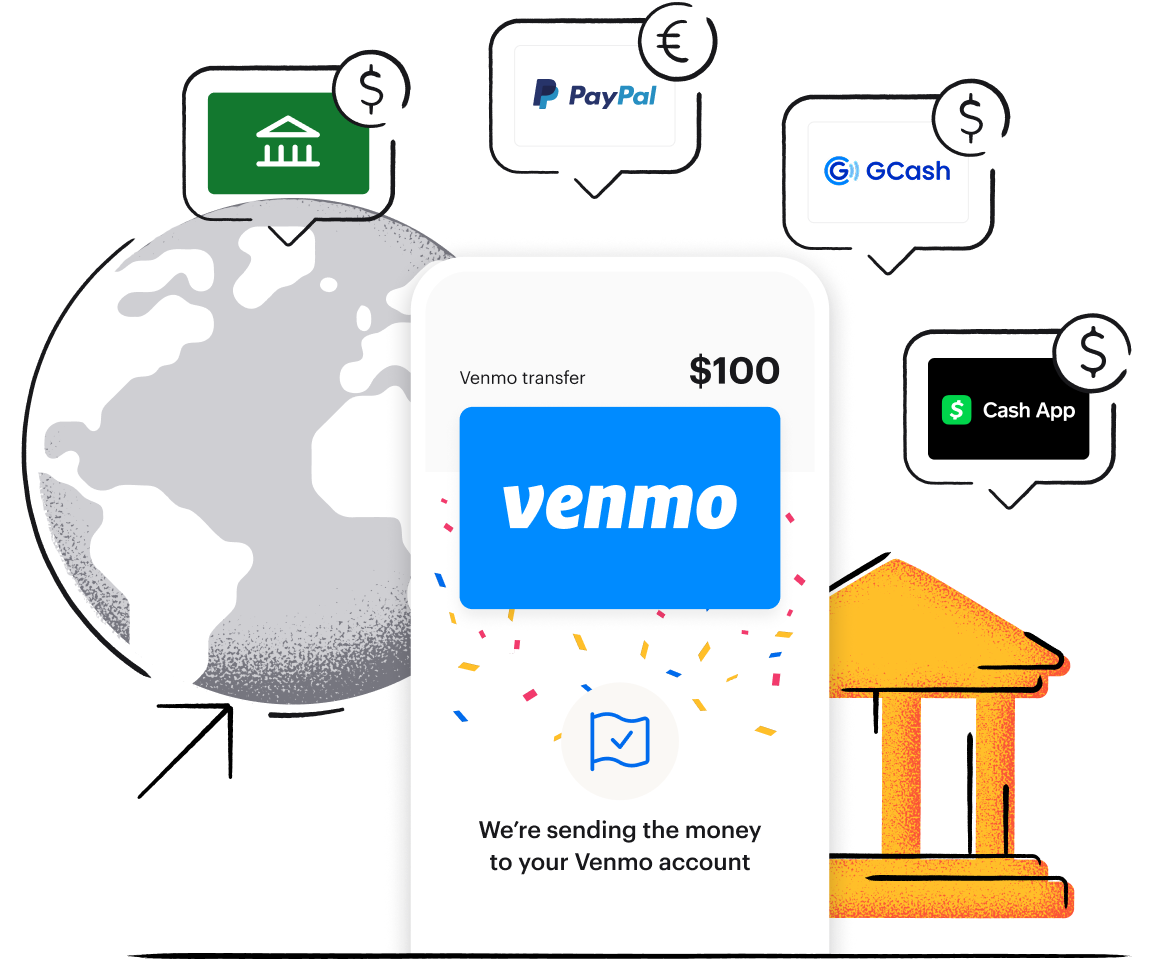 Phone screen with a $100 Venmo reward surrounded by bubbles with bank transfer, PayPal, GCash, and Cash App logos