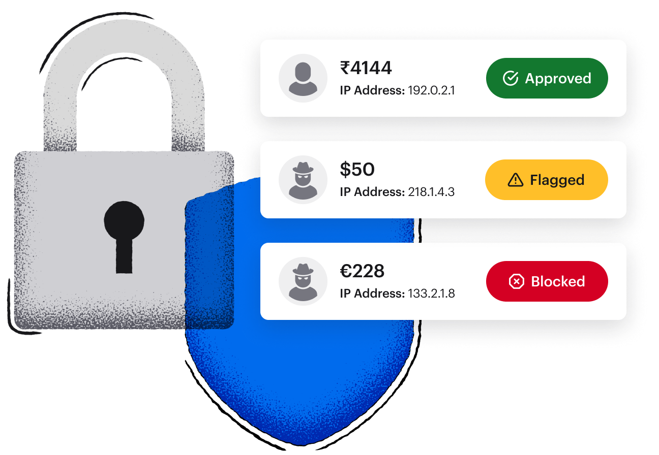 A blue shield, grey lock, and three reward transactions with approved, flagged, and blocked statuses