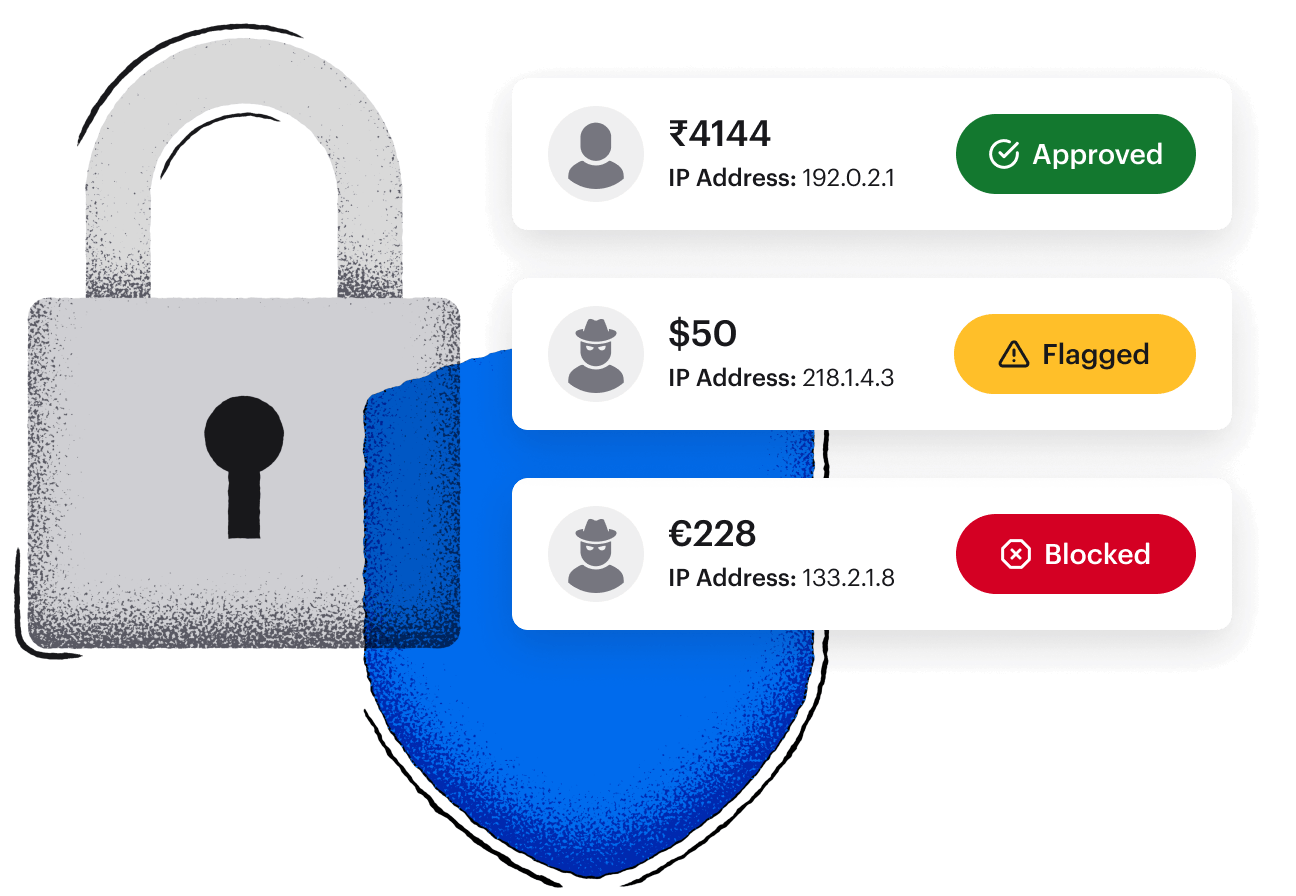 A blue shield, grey lock, and three reward transactions with approved, flagged, and blocked statuses